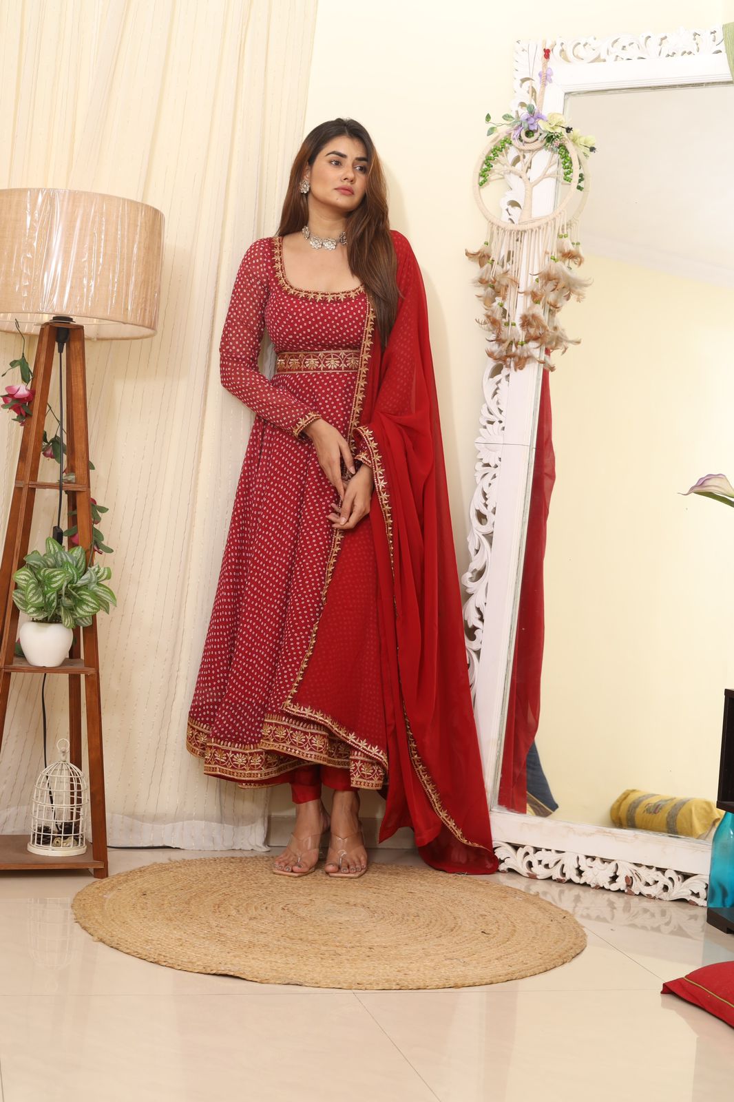 Festive Wear Digital Print Lace Work Red Color Gown