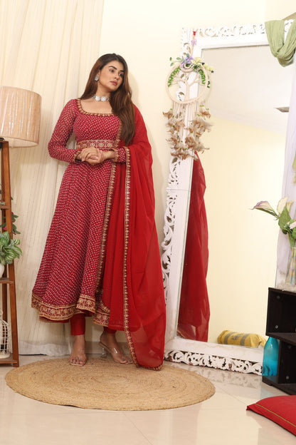 Festive Wear Digital Print Lace Work Red Color Gown