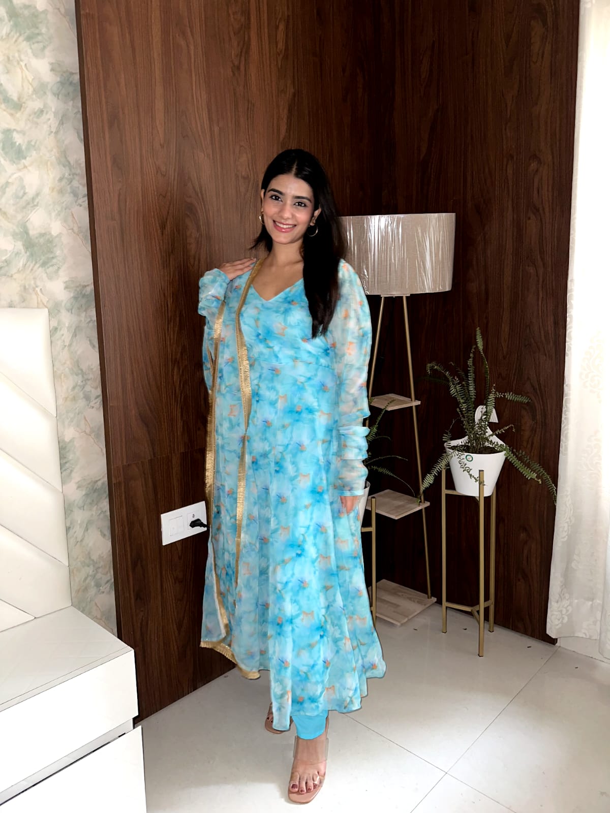 Festive Wear Sky Blue Color Printed Gown