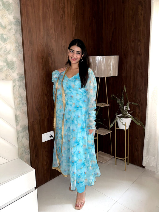 Festive Wear Sky Blue Color Printed Gown