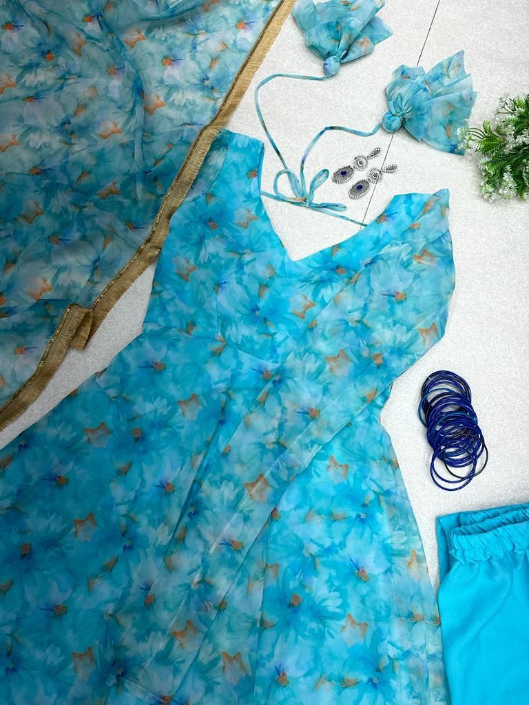 Festive Wear Sky Blue Color Printed Gown
