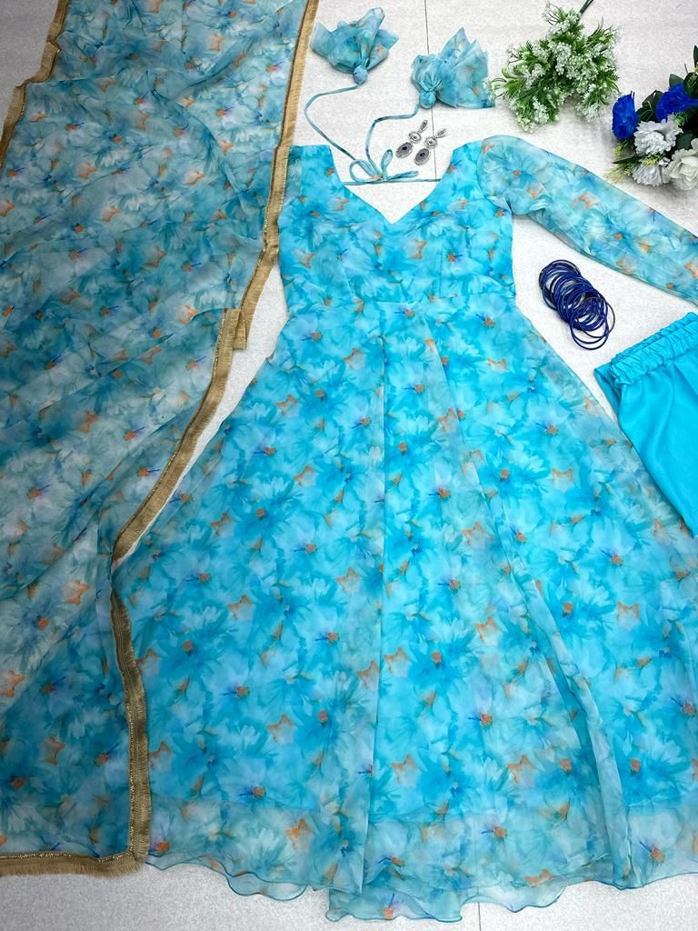Festive Wear Sky Blue Color Printed Gown