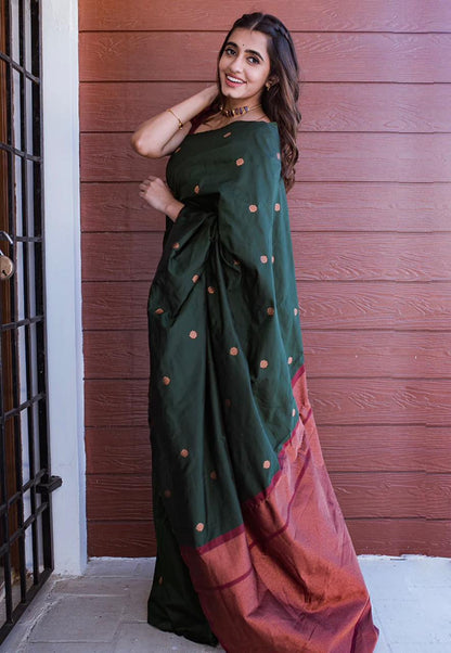 Coper Jari Design Dark Green Color Soft Silk Saree