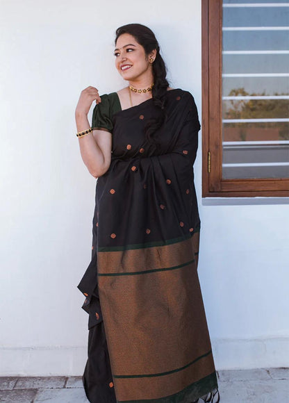 Black Color Coper Design Soft Silk Saree