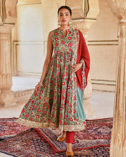 Printed Aqua Green Color Muslin Cotton Gown