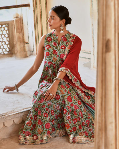 Printed Aqua Green Color Muslin Cotton Gown