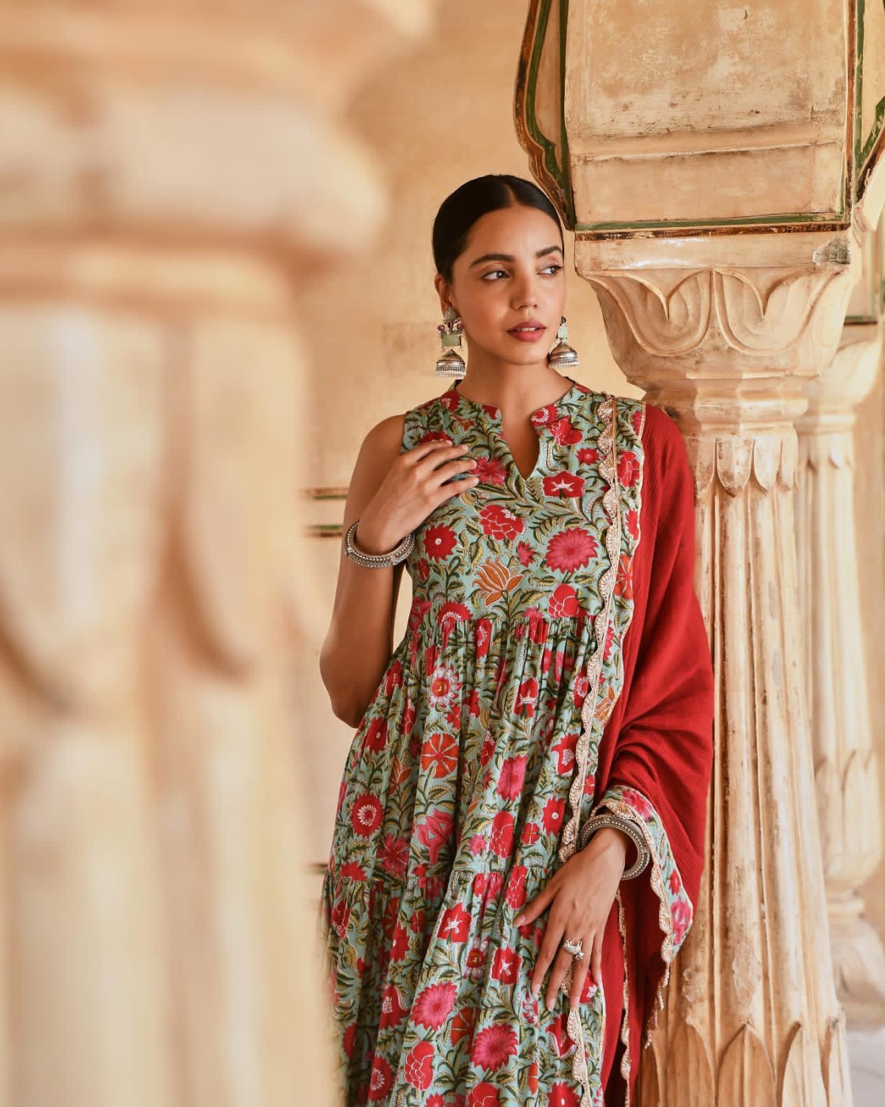Printed Aqua Green Color Muslin Cotton Gown