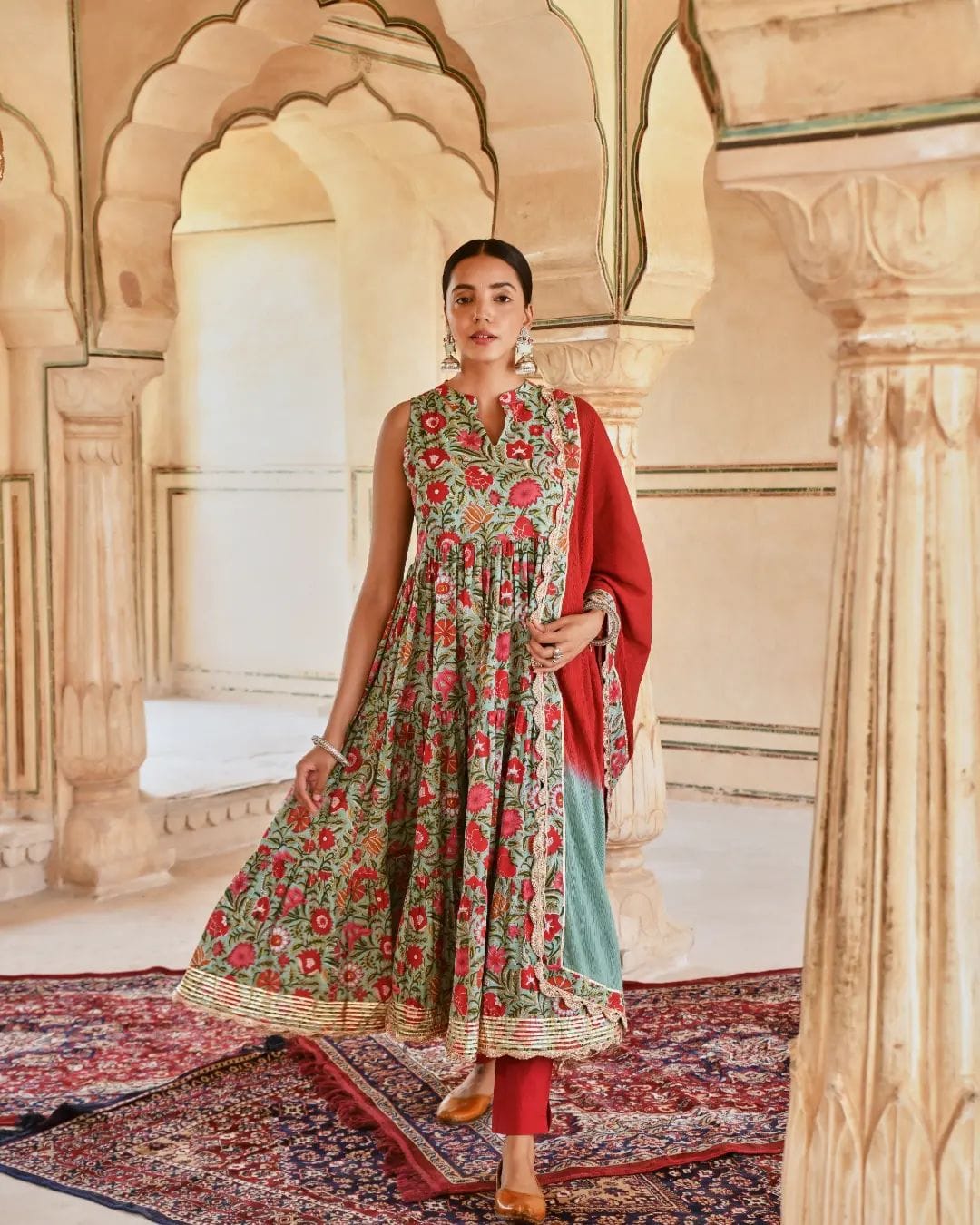 Printed Aqua Green Color Muslin Cotton Gown