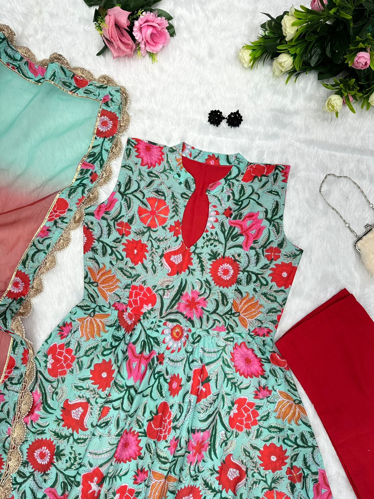 Printed Aqua Green Color Muslin Cotton Gown