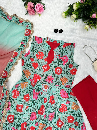 Printed Aqua Green Color Muslin Cotton Gown