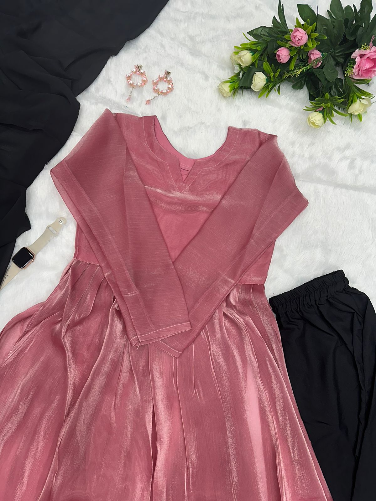 Attractive Dusty Pink Color Organza Kurti Set