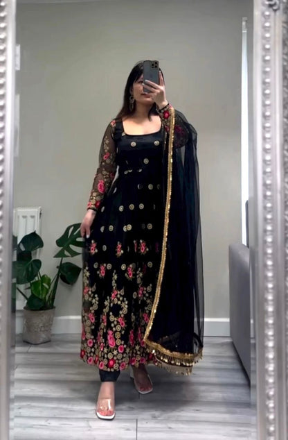 Party Wear Embroidery Work Black Color Gown