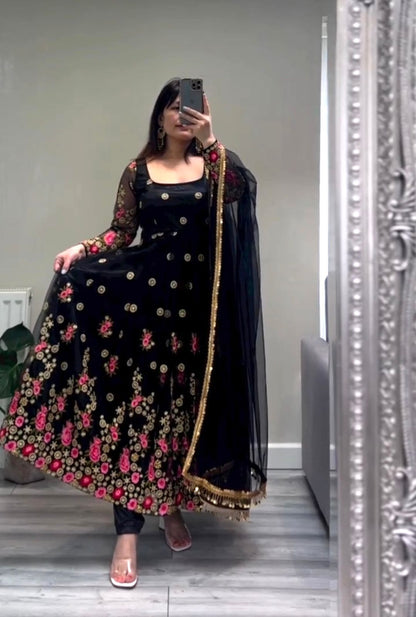 Party Wear Embroidery Work Black Color Gown