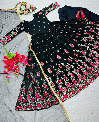 Party Wear Embroidery Work Black Color Gown