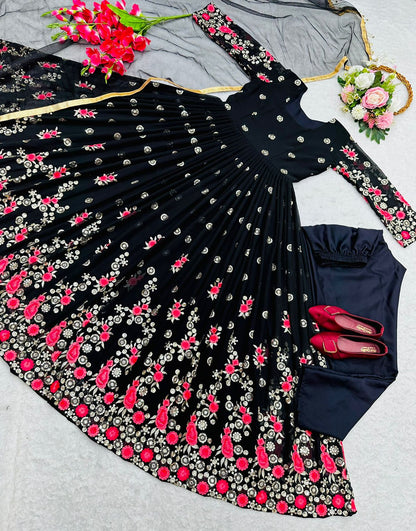 Party Wear Embroidery Work Black Color Gown