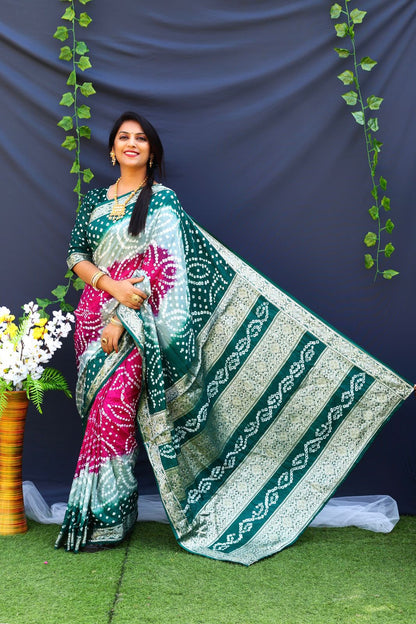 Beautiful Design Border Dark Green Color Bandhej Silk Saree