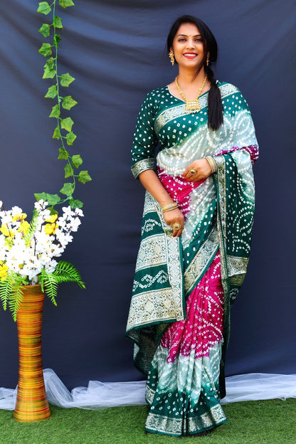 Beautiful Design Border Dark Green Color Bandhej Silk Saree