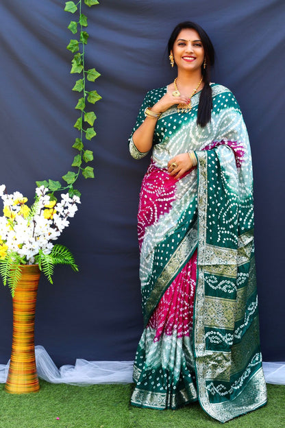 Beautiful Design Border Dark Green Color Bandhej Silk Saree