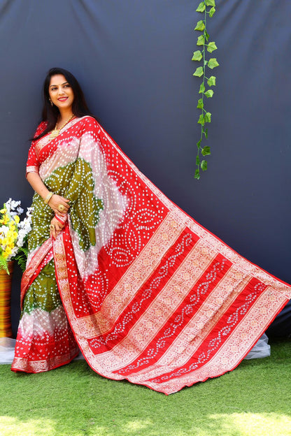 Beautiful Design Border Red Color Bandhej Silk Saree