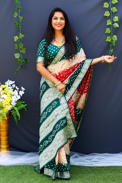 Beautiful Design Border Green And Red Color Bandhej Silk Saree