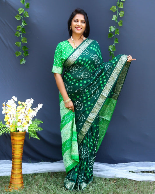 Beautiful Design Border Parrot Green Color Bandhej Silk Saree