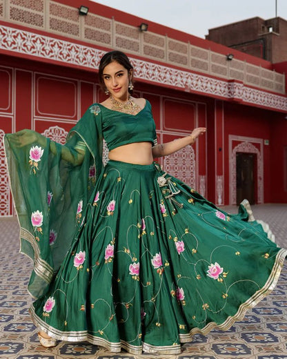 Gotta Patti Work Dark Green Color Satin Silk Lehenga Choli