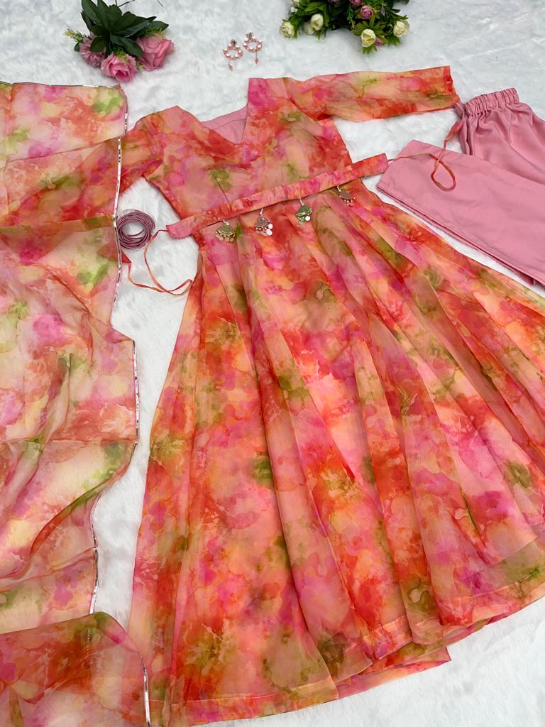 Pretty Organza Silk Peach Printed Anarkali Gown With Belt