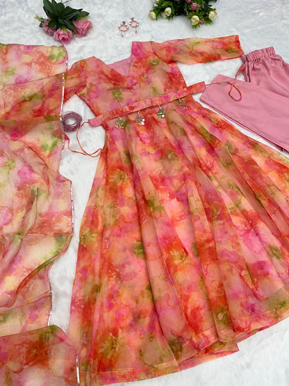 Pretty Organza Silk Peach Printed Anarkali Gown With Belt