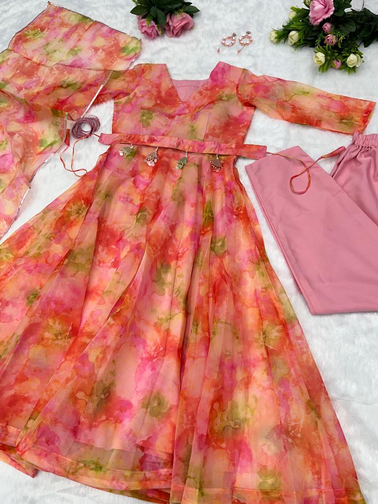 Pretty Organza Silk Peach Printed Anarkali Gown With Belt