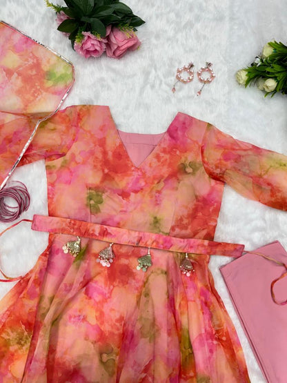 Pretty Organza Silk Peach Printed Anarkali Gown With Belt