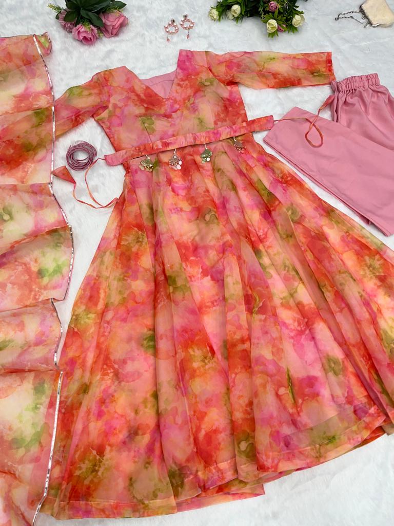 Pretty Organza Silk Peach Printed Anarkali Gown With Belt