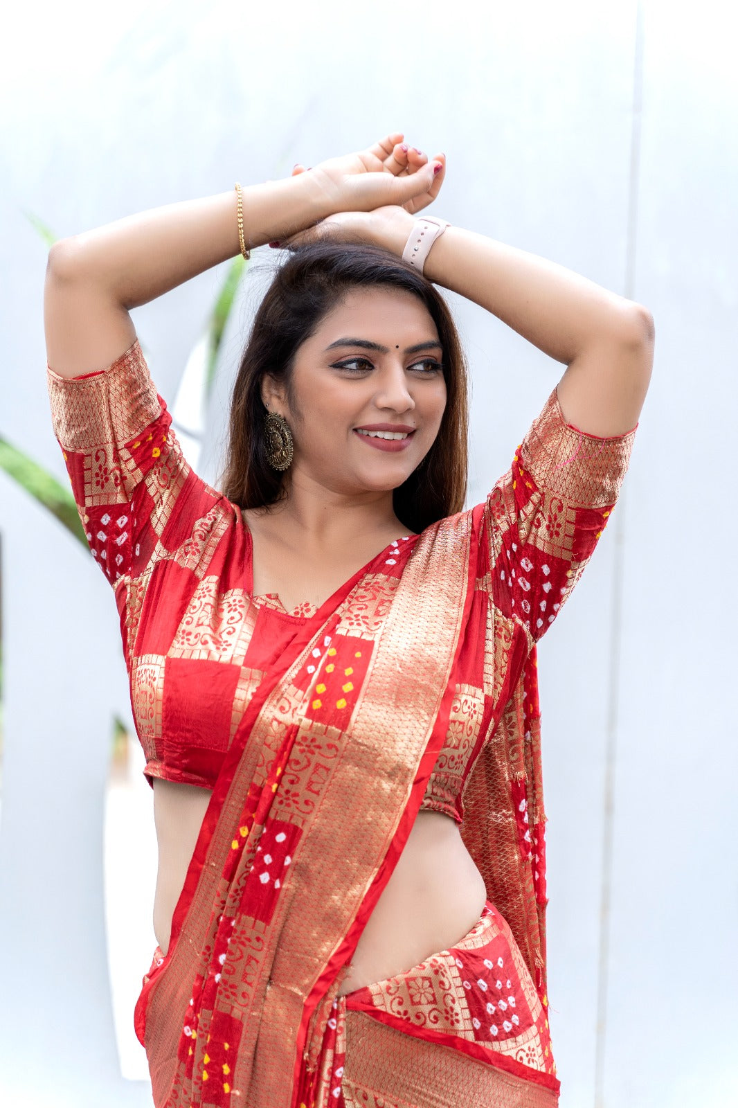 Red Color Original Bandhni Zari Weaving Border Saree