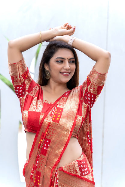 Red Color Original Bandhni Zari Weaving Border Saree