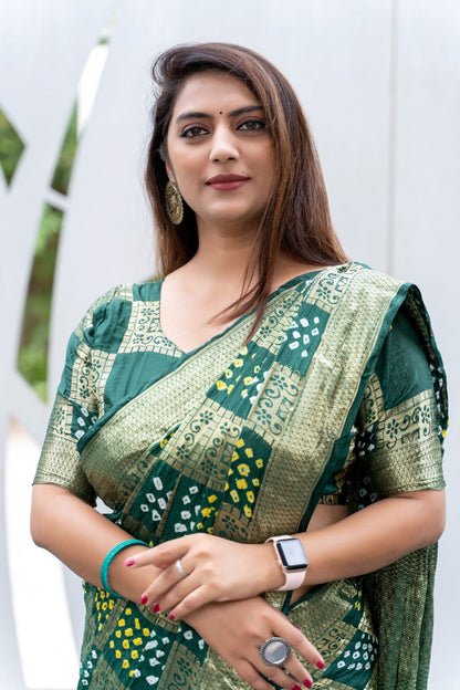 Green Color Original Bandhni Zari Weaving Border Saree