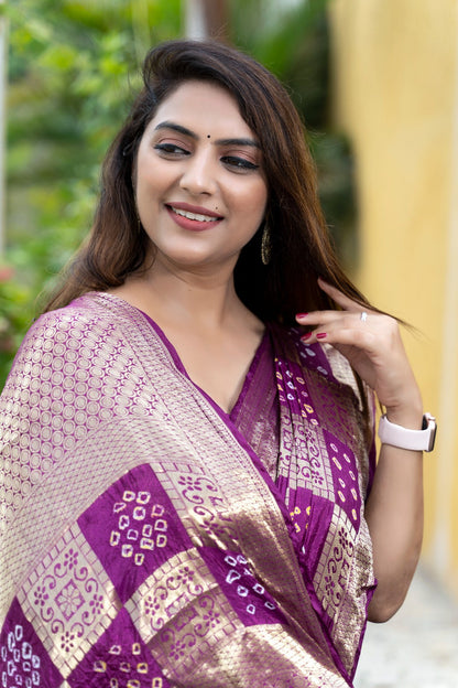 Wine Color Original Bandhni Zari Weaving Border Saree