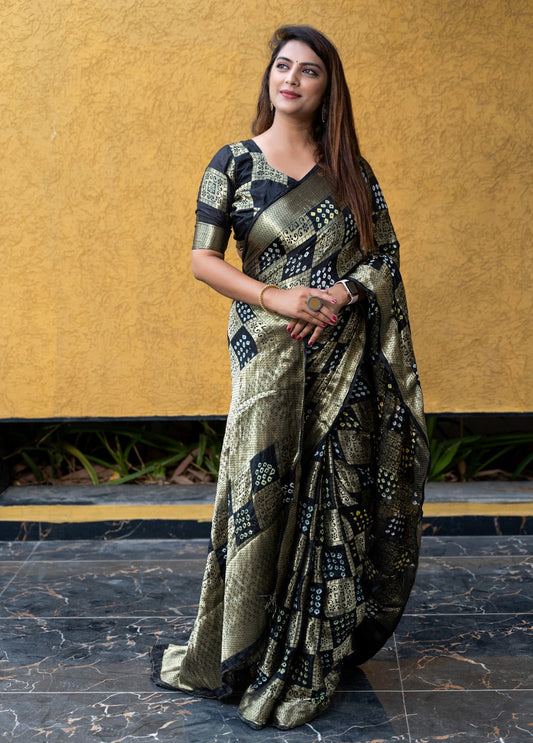 Black Color Original Bandhni Zari Weaving Border Saree