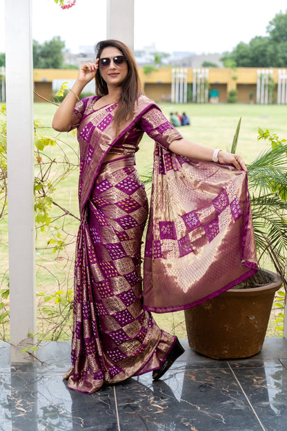 Wine Color Original Bandhni Zari Weaving Border Saree