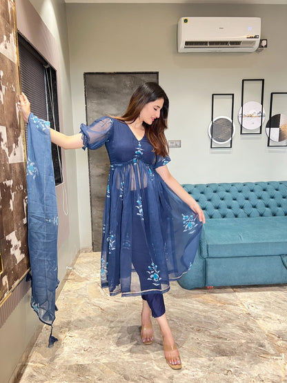 Classy Navy Blue Color Digital Print Aliya Cut Dress