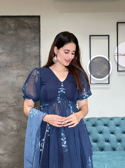 Classy Navy Blue Color Digital Print Aliya Cut Dress