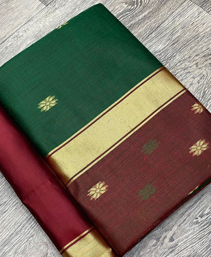 Linen Cotton Silk Green With Maroon Border Saree