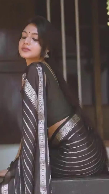 Silver Jari Design Black Color Lichi Silk Saree