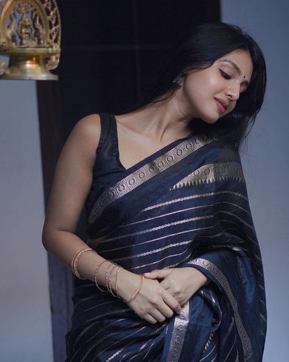 Silver Jari Design Black Color Lichi Silk Saree