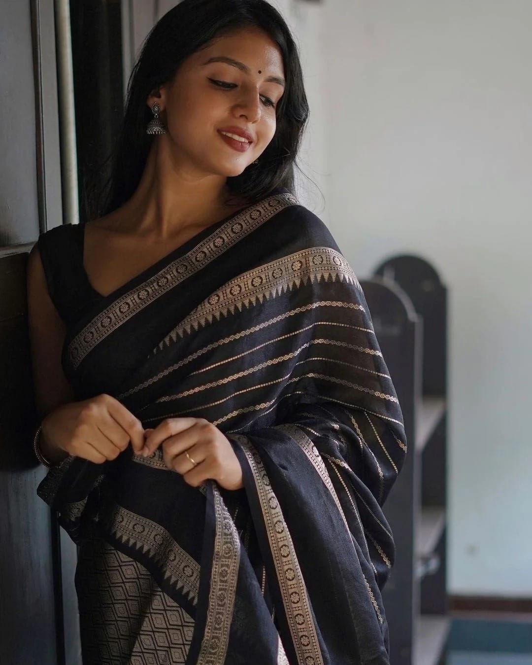 Silver Jari Design Black Color Lichi Silk Saree