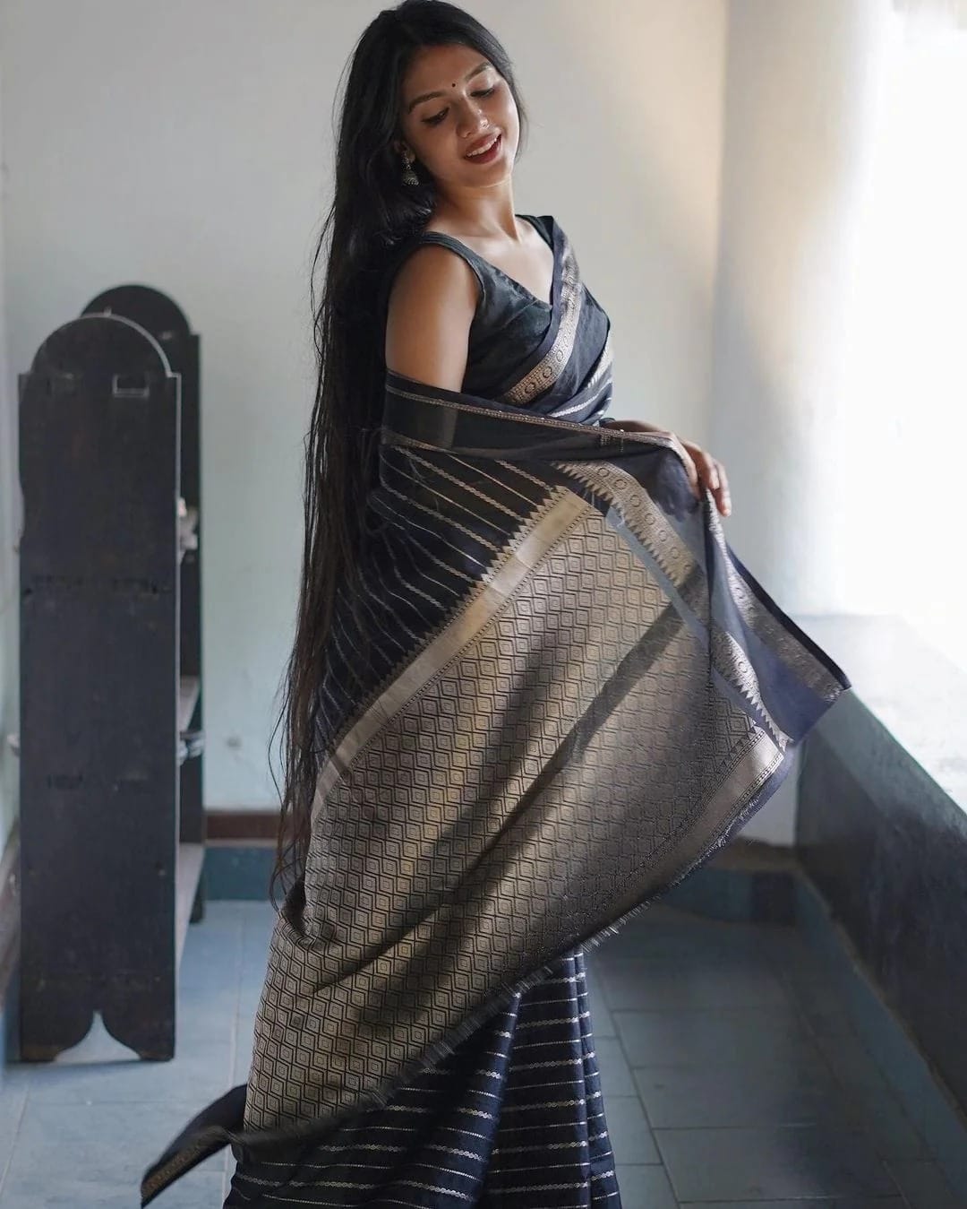 Silver Jari Design Black Color Lichi Silk Saree