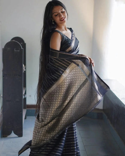 Silver Jari Design Black Color Lichi Silk Saree