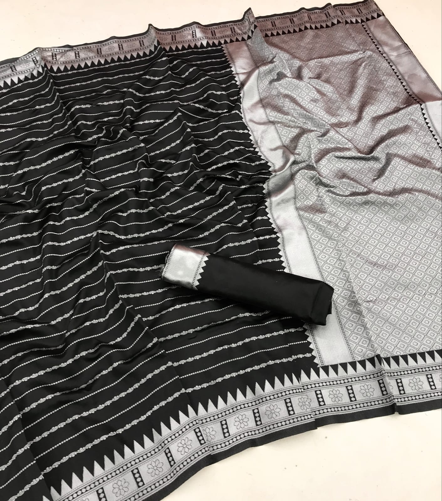 Silver Jari Design Black Color Lichi Silk Saree