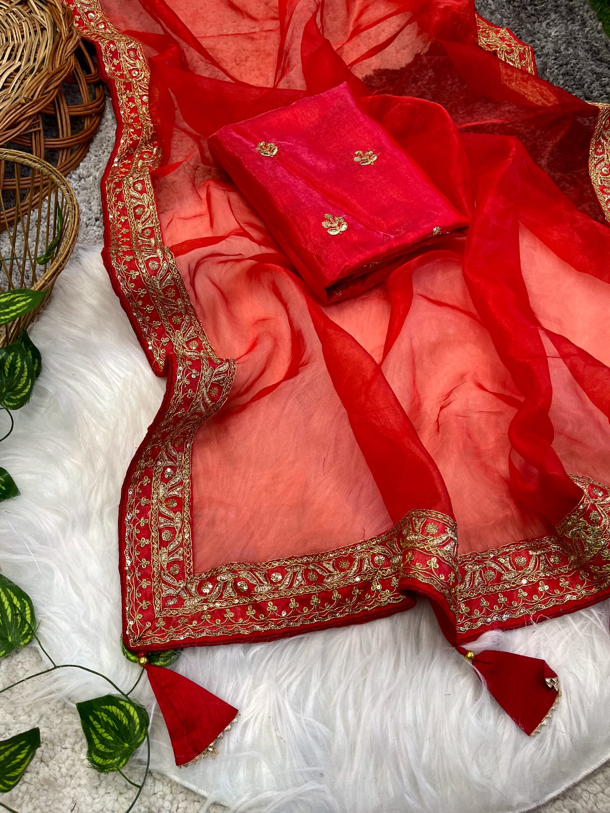 Beautiful Lace Border Organza Red Color Saree