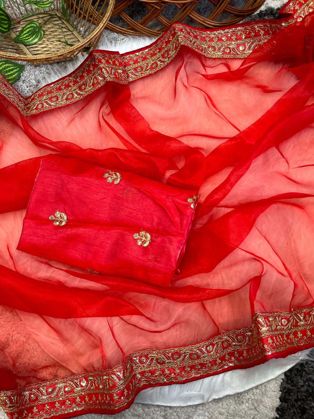 Beautiful Lace Border Organza Red Color Saree