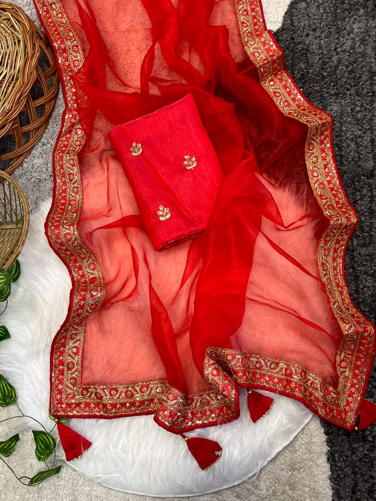 Beautiful Lace Border Organza Red Color Saree