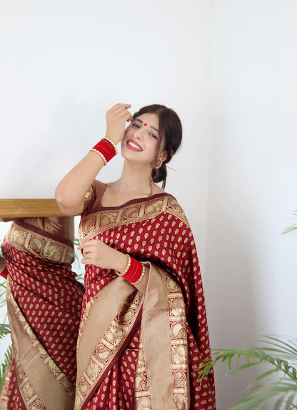 Demanding Maroon Color Golden Jari Design Saree